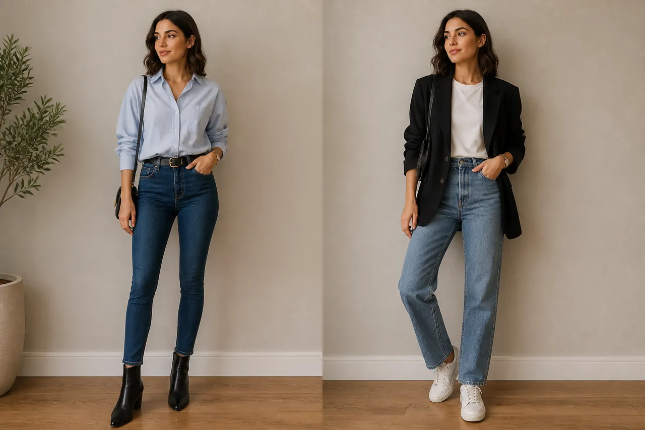 idei de ținute cu blugi skinny și drepți
