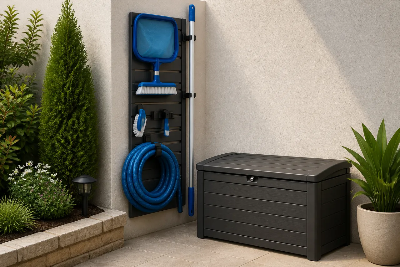 organizare accesorii piscină spațiu mic