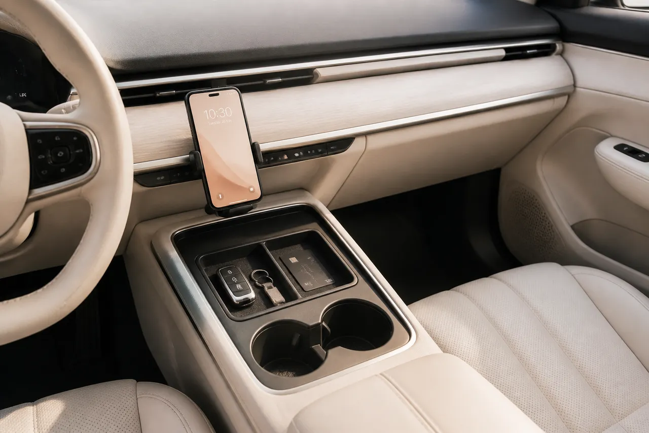 suport telefon auto și organizare minimalistă în habitaclu